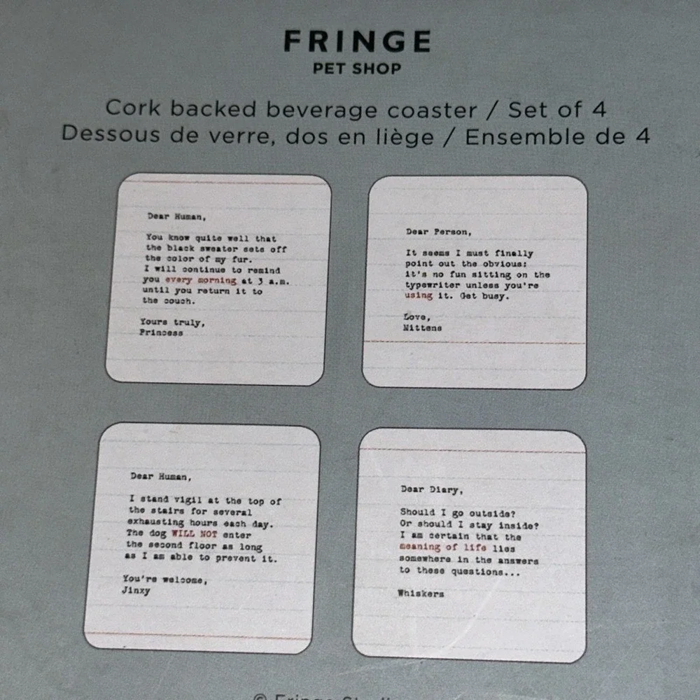 Fringe Studio Pet Shop Cat Note Cork Backed Beverage Coasters Set of 4 New